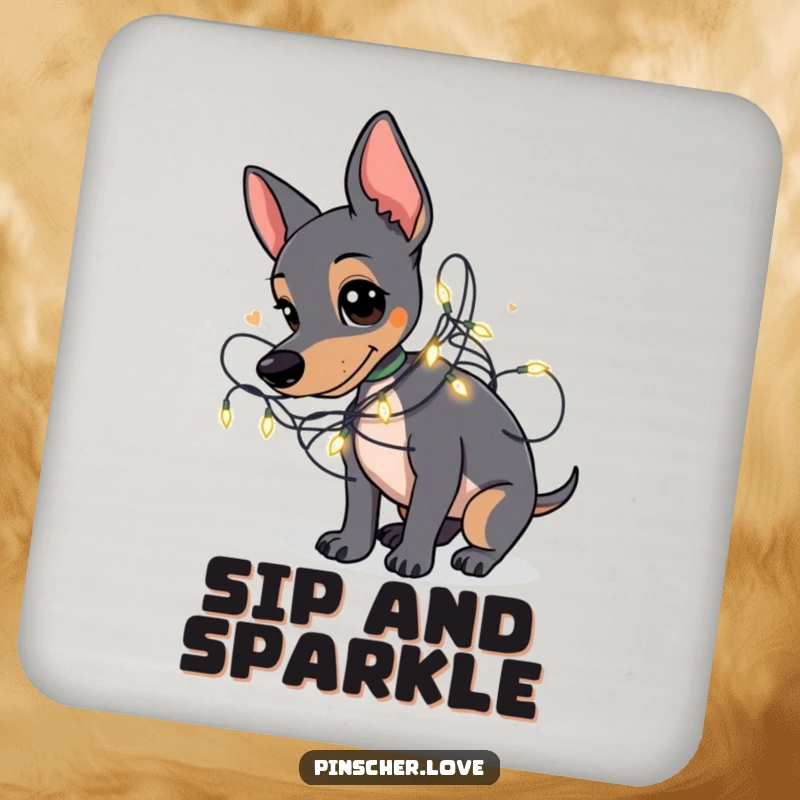 Funny Pinscher drink coaster featuring a Pinscher dog playfully tangled in a string of small, glowing fairy lights.
