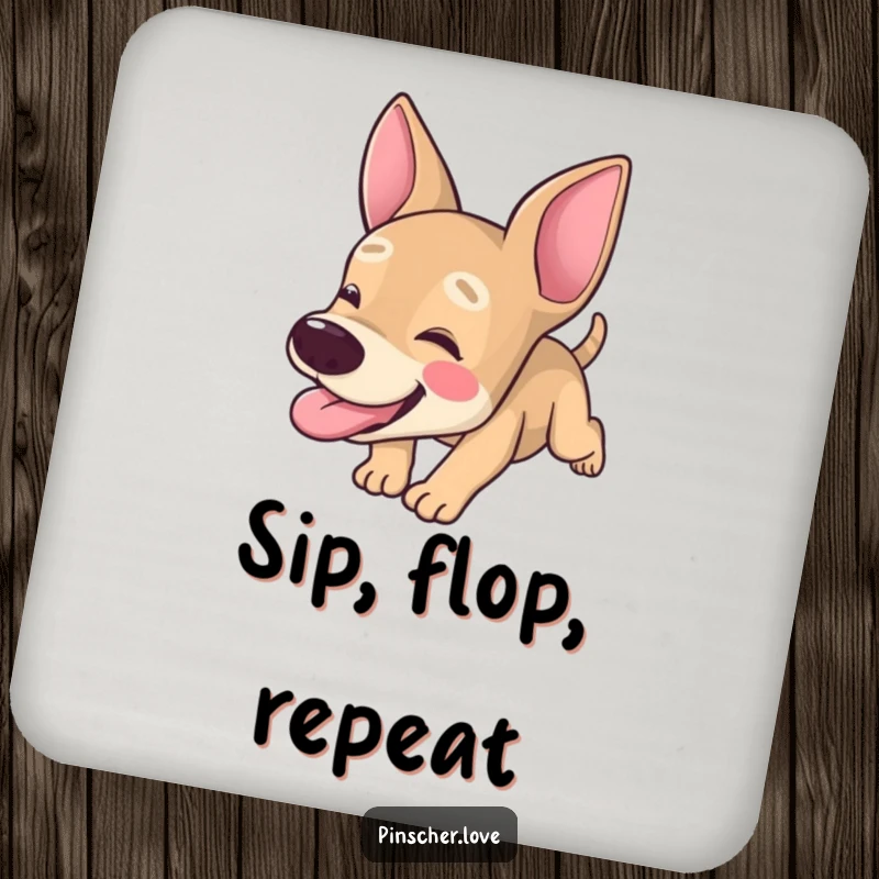 Funny Pinscher coaster set, absorbent coasters with dog character tumbling forward with its tongue hanging out, silly table, gift.
