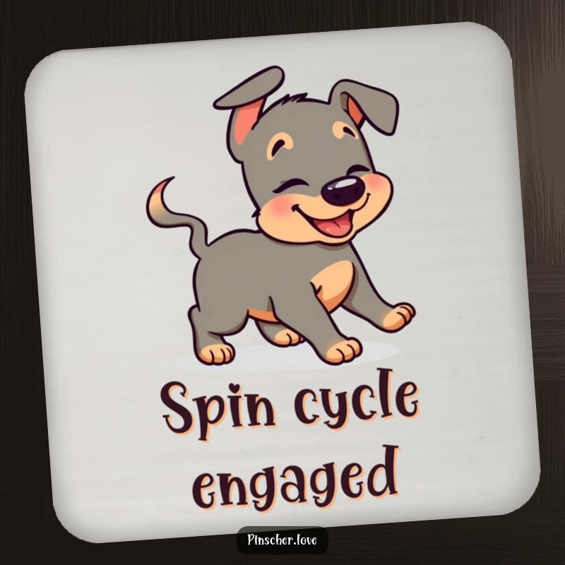 Funny pinscher drink coaster with a giggling dog character humorously chasing its wagging tail, protecting surfaces with canine comedy.