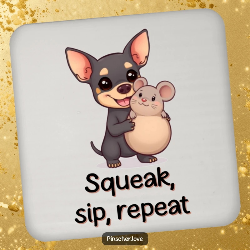 Funny Pinscher coaster showing a big-smiling dog proudly holding a giant squeaky toy mouse, adding a humorous touch to any surface.
