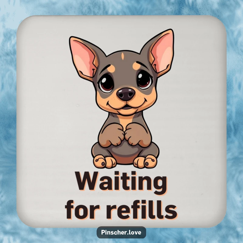 Funny drink coasters featuring a Pinscher sitting upright, paws clasped, with a goofy, anticipating expression.