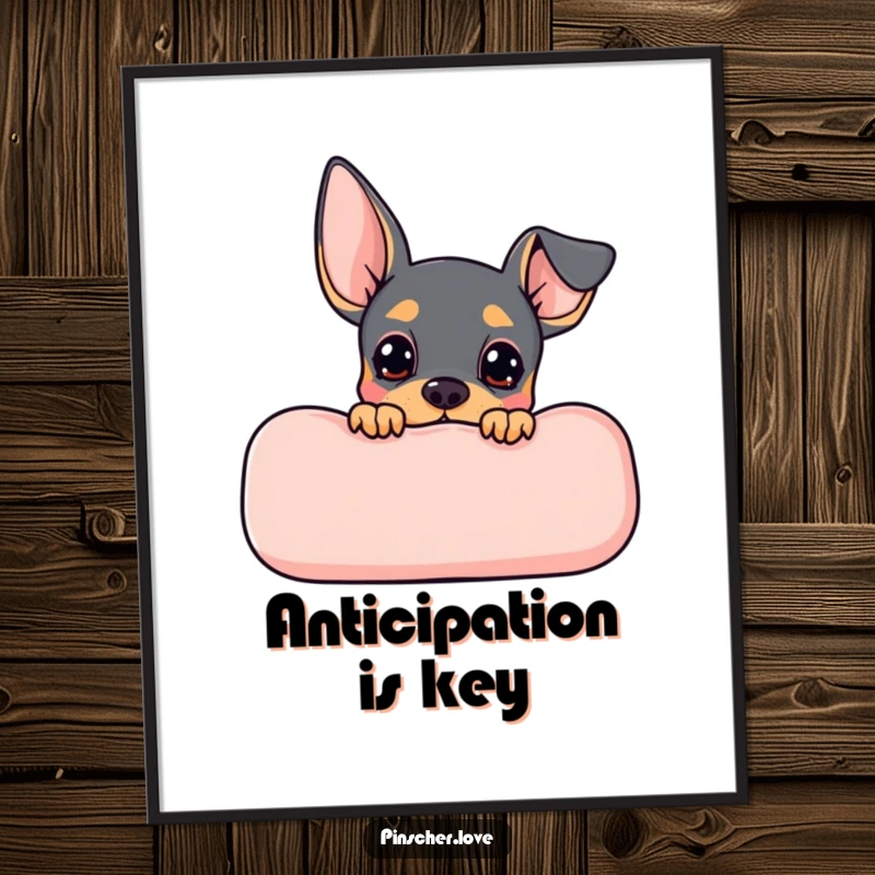 Funny Pinscher poster showing a cute Pinscher dog peeking from behind a cozy cushion with an expression of playful anticipation.