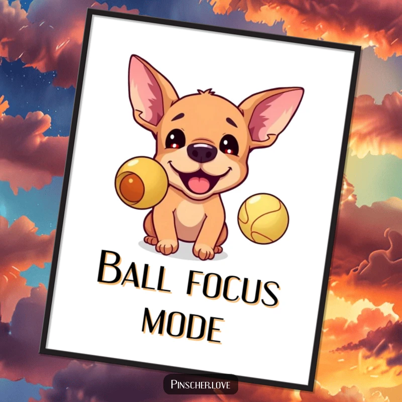 Funny poster featuring a pinscher with attentive ears, barking with great enthusiasm at a bouncing ball, capturing playful dog energy.