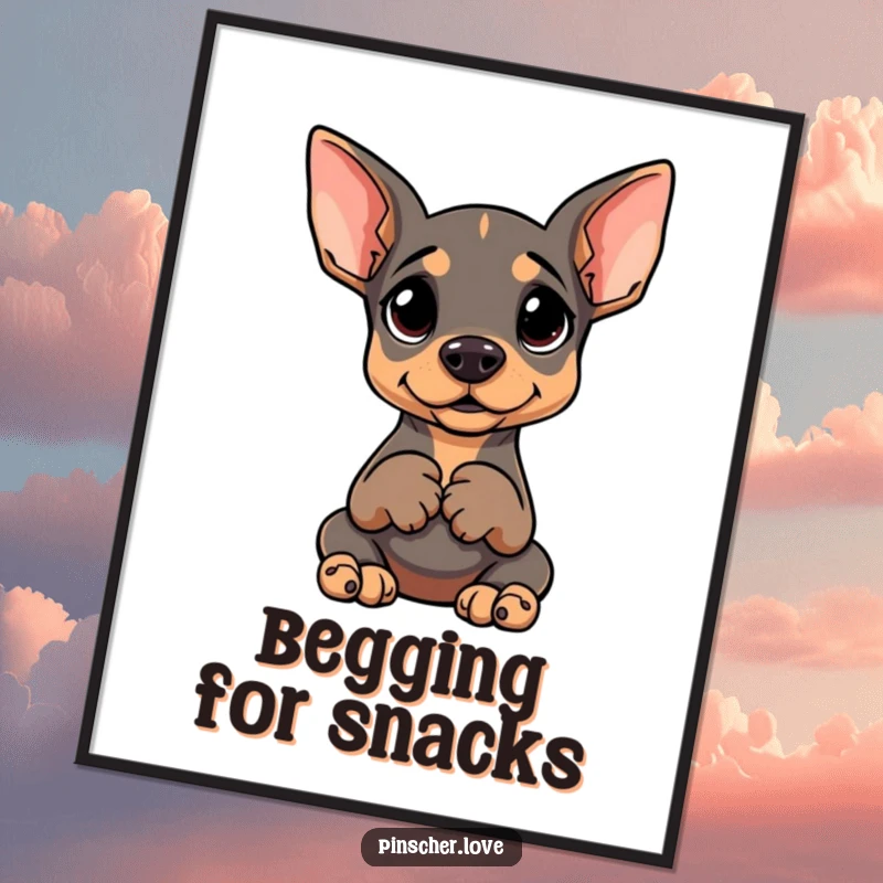 Funny poster print of a Pinscher sitting upright, paws clasped, with a goofy, expectant expression.