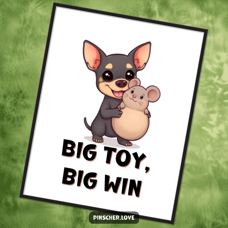 Funny Pinscher poster featuring a big-grinning dog triumphantly holding a comically large squeaky toy mouse, creating a humorous scene.