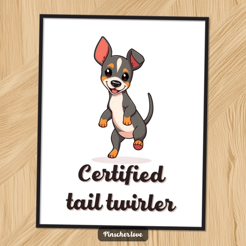 Funny Spinning Pinscher Poster showing a dog gleefully spinning, a delightful piece of humorous animal wall art.