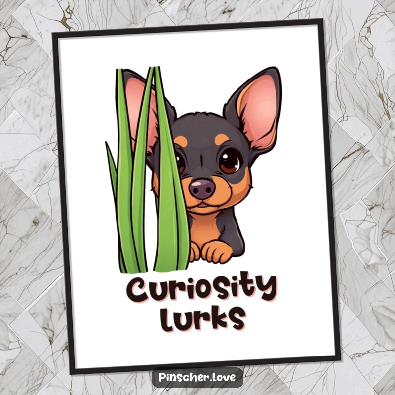 Funny curious pinscher poster, showing a small dog peeking from behind grass with an innocent, inquisitive look. Charming wall art.