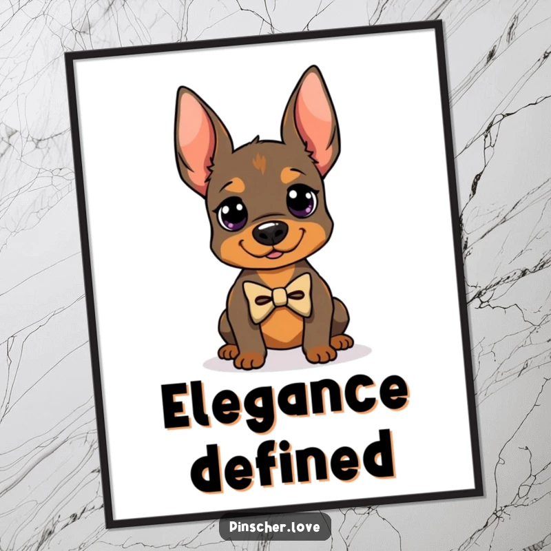 Funny poster of a Pinscher dog in a tiny bowtie, posing proudly, elegant dog art print, perfect funny gift for sophisticated decor.