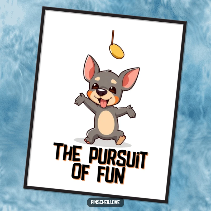 Funny Pinscher Poster: A pinscher comically falls while reaching for a toy, capturing a hilarious, relatable moment of dedicated play.