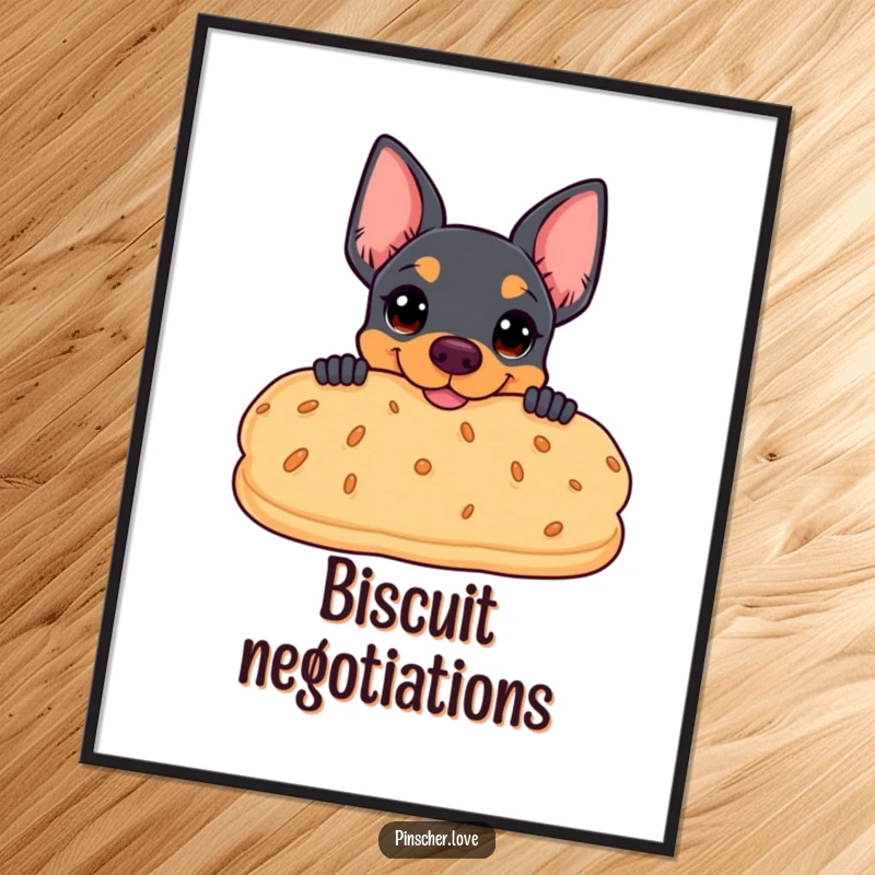 Funny poster print of a pinscher peeking coyly from behind an oversized, smiling biscuit, perfect for whimsical decor.