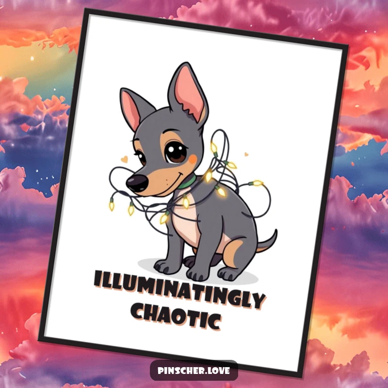 Funny Pinscher poster showing a Pinscher dog playfully tangled in a string of small, glowing fairy lights.