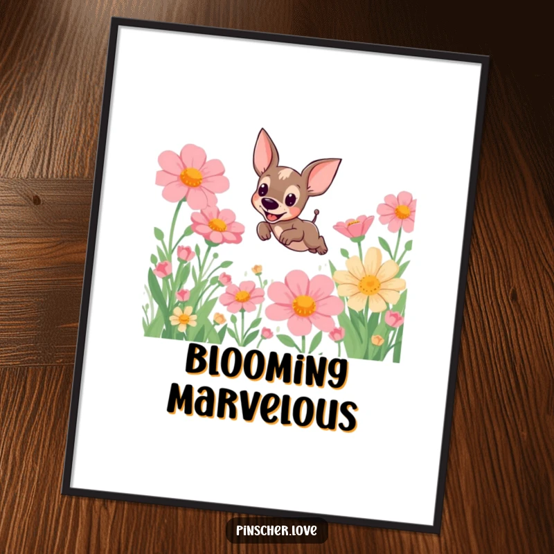Funny Pinscher Poster: A spirited pinscher dog leaps joyfully through a dreamlike field of oversized, colorful flowers, bringing whimsical art home.