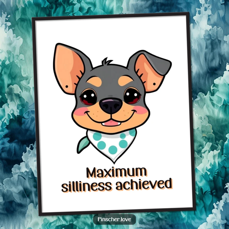 Funny Pinscher Poster: A Pinscher with a goofy grin and a tiny bandana, radiating cool and playful dog energy.