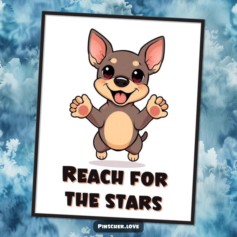 Funny poster print of a pinscher mid-jump, front paws reaching up in a moment of pure, unadulterated canine happiness.