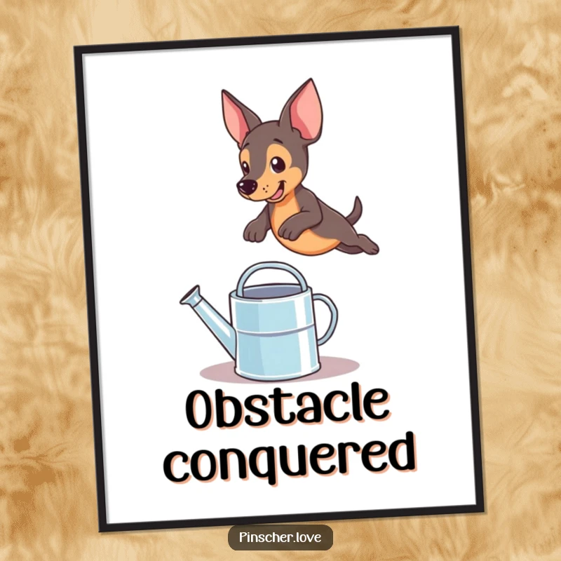 Funny pinscher dog's dramatic leap over a small, shiny watering can, presented as a humorous wall art piece