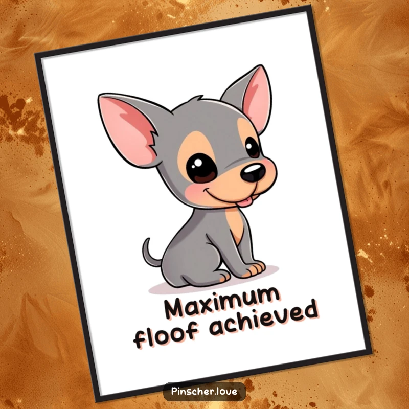 Funny Pinscher poster showcasing a dog in a humorous back-rolling pose, adding a touch of playful art to any wall.