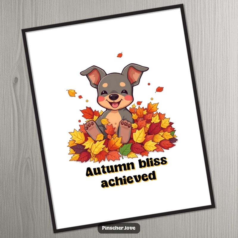 Funny poster illustrating a pinscher character joyfully rolling in a pile of colorful autumn leaves.