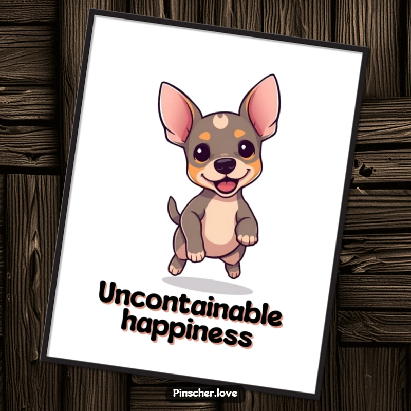 Funny Pinscher poster, vibrant art of a dog with perky ears bouncing excitedly, cheerful pet, unique wall decor gift.