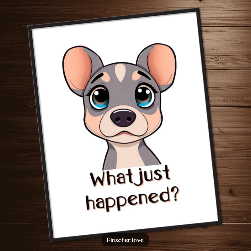 Funny poster art of a surprised pinscher dog with wide, curious eyes, capturing a moment of pure astonishment. Great for decor.