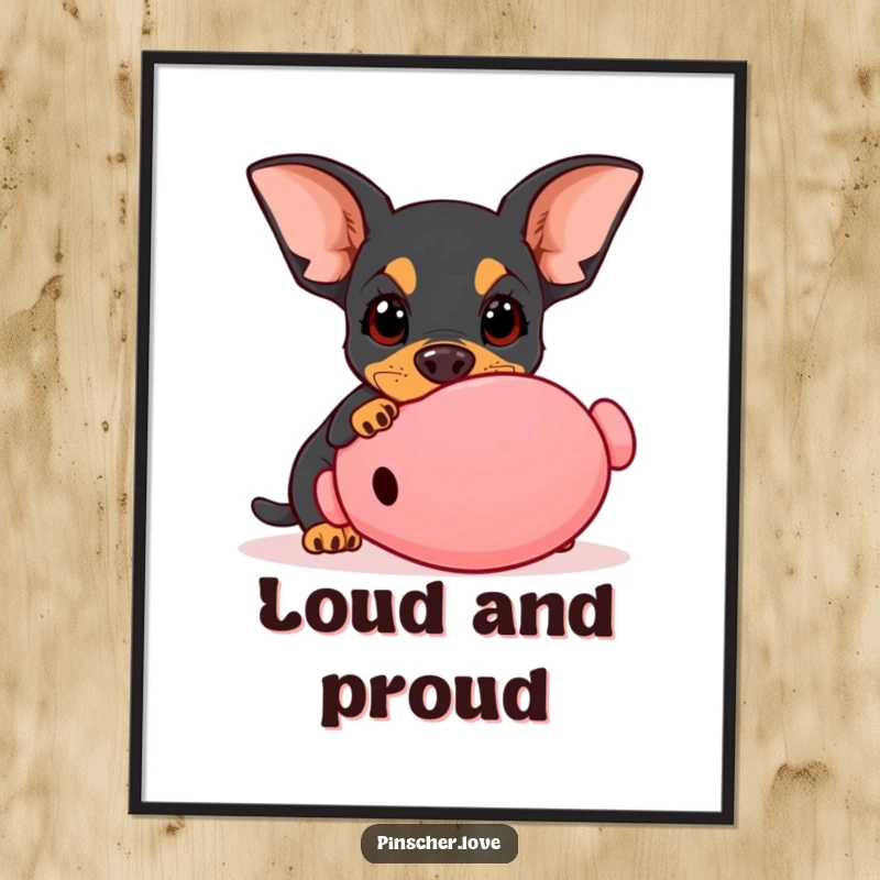 Funny Pinscher poster, artwork of a dog with wide innocent eyes playfully nudging a giant squeaky toy, adorable canine art, gift.
