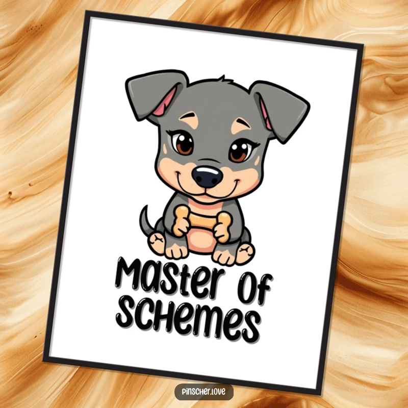 Funny Pinscher Poster: A dog with a mischievous glint holds a tiny bone, capturing a moment of playful plotting.