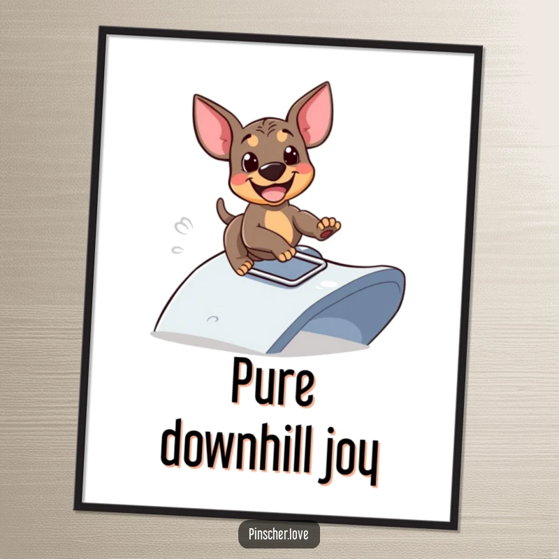 Funny poster of a Pinscher dog sliding down a stylized ramp with glee, vibrant action art, perfect funny gift for dynamic decor.