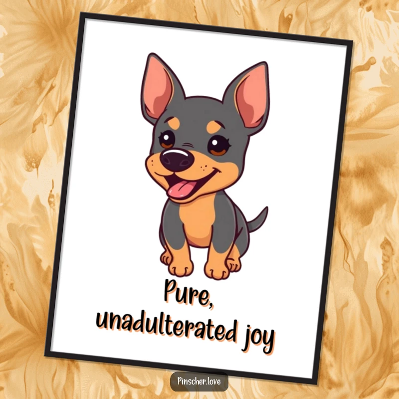 Funny poster print of a Pinscher with perked ears, energetically barking, and its tail wagging madly, for wall decor.