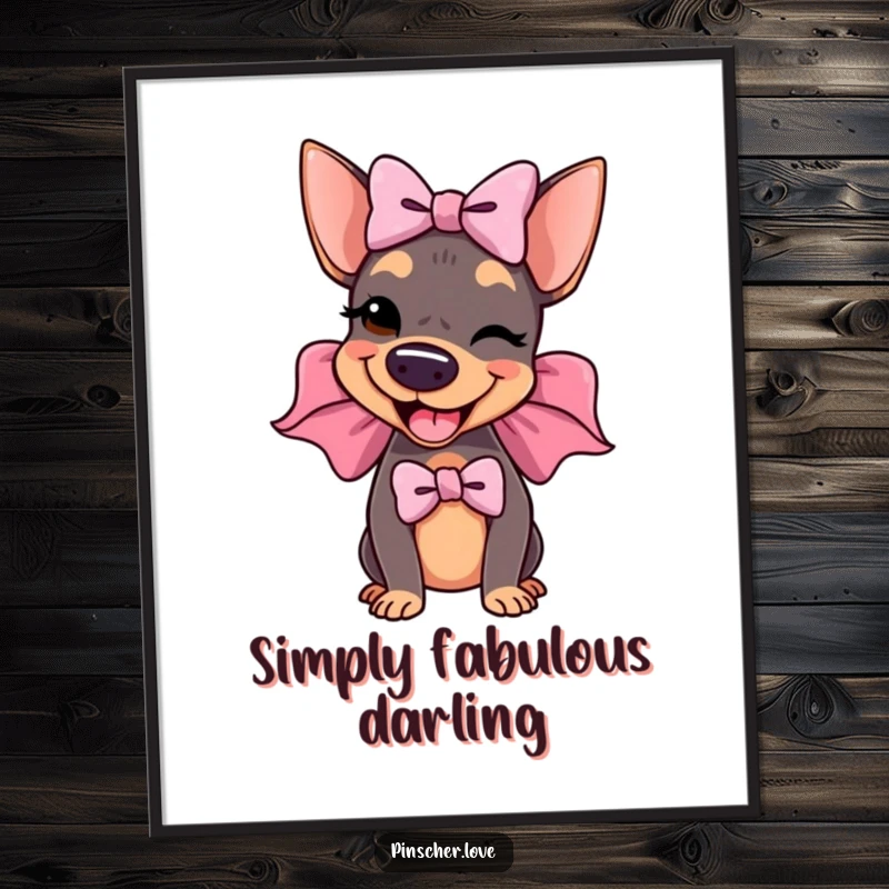 Funny Pinscher Poster: A delighted pinscher wears an enormous, floppy bow and winks, creating a stylish and humorous piece of canine art.