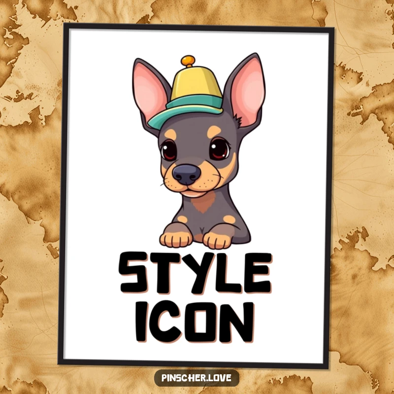 Funny Pinscher poster showing a proud dog character balancing a colorful hat on its nose, ideal for stylish wall decor.