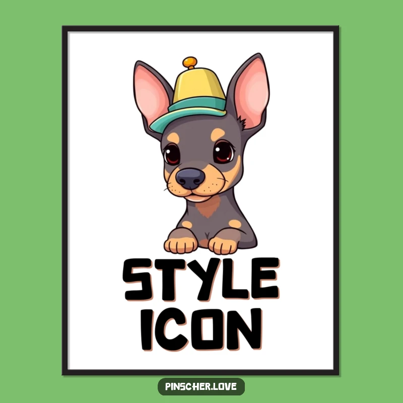 Funny Pinscher Poster: Balancing Hat, Whimsical Dog Wall Art