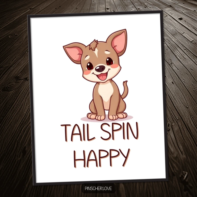 Funny happy pinscher cub poster, showing a small dog doing a joyful spin with its tail. Whimsical and humorous wall art.