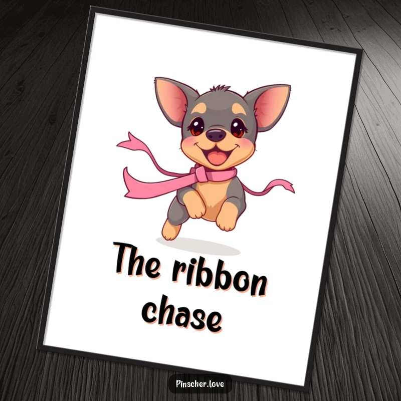 Funny pinscher puppy poster, illustrating a small dog playfully chasing a ribbon with joyful abandon. Captures puppy energy and humor.