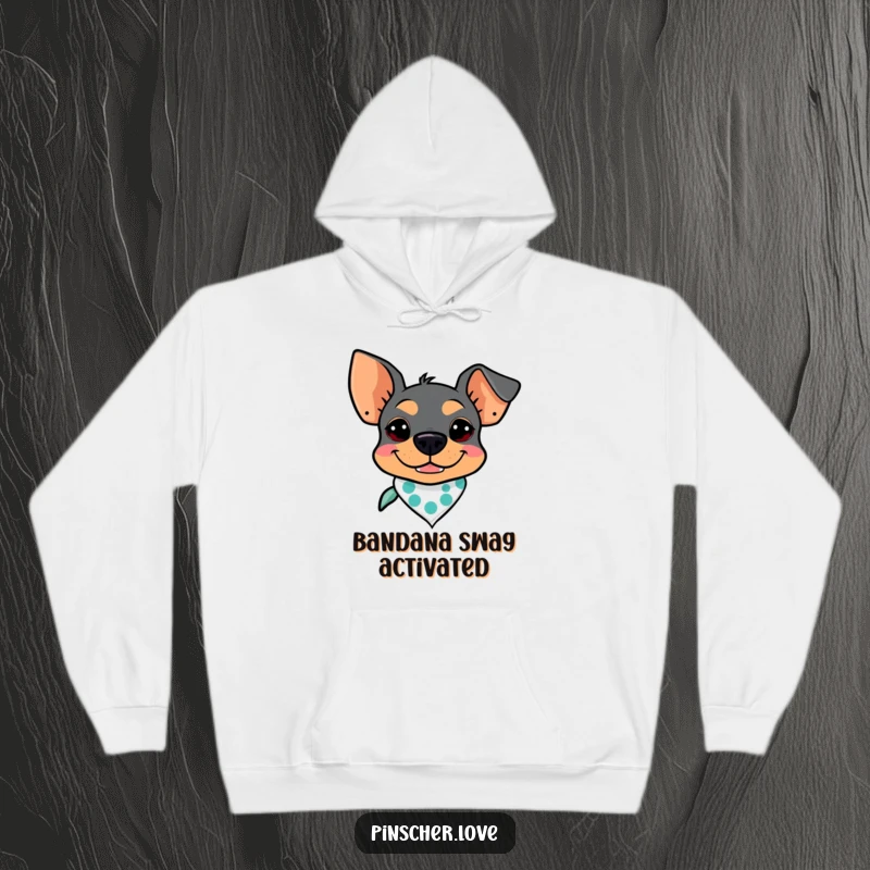 Funny Pinscher Hoodie: A Pinscher with a goofy grin and a tiny bandana, offering warmth and cool dog attitude.