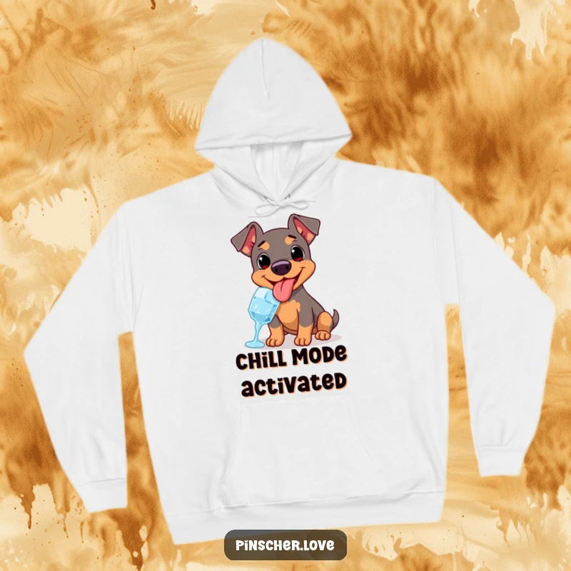 Funny dog hoodie featuring a Pinscher enjoying a cold ice cube, tongue lolling out in pure, frosty bliss.