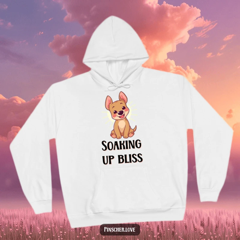 Funny Pinscher Hoodie: A happy pinscher dog rolls joyfully in a golden sunbeam emitting a cheerful bark, embodying pure bliss.