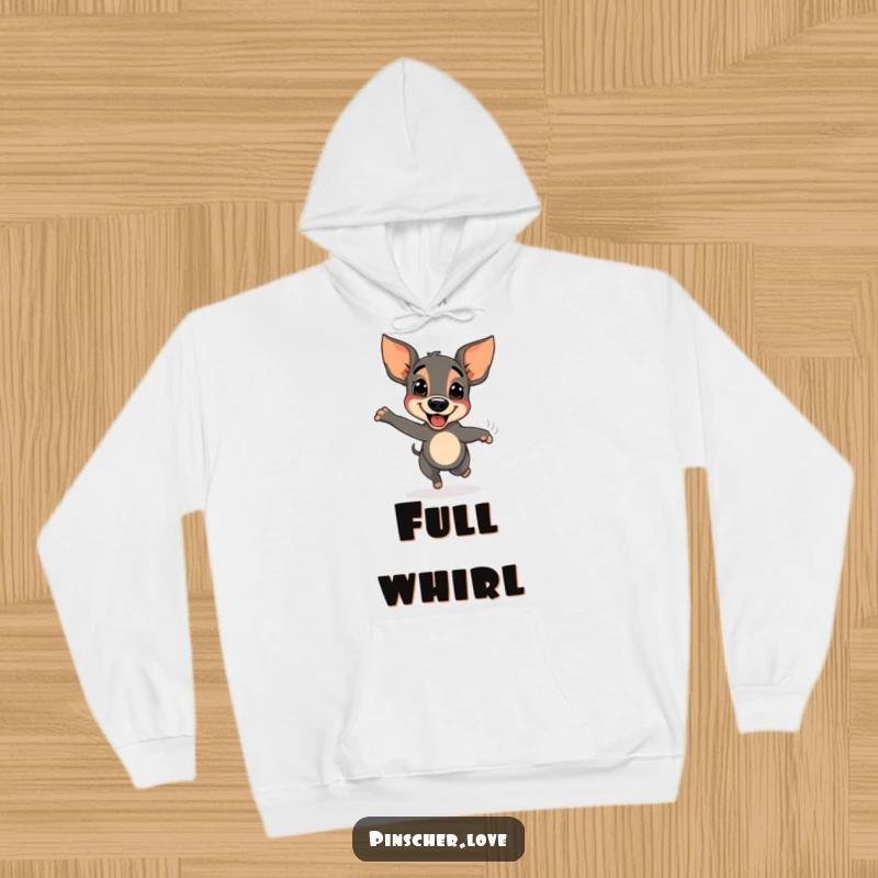 Funny Pinscher dog hoodie, captured mid-spin with tail wagging furiously, expressing absolute delight and excitement.