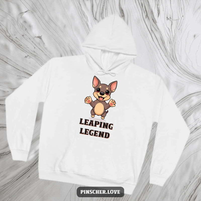 Funny hoodie depicting a pinscher doing a happy, energetic jump with front paws reaching skyward, perfect for joyful individuals.