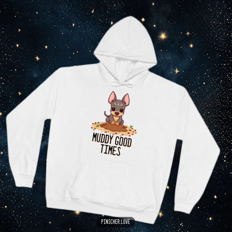 Funny Pinscher Hoodie - A playful pinscher dog enthusiastically digging in the dirt, offering warmth and a reminder of outdoor fun and energetic play.