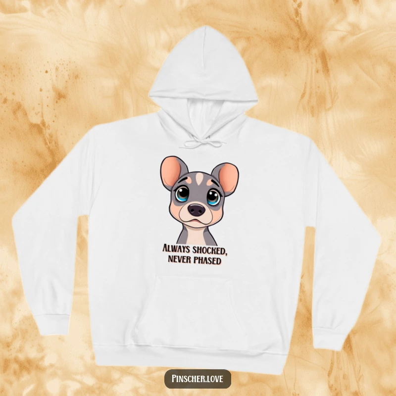 Funny hoodie featuring a surprised pinscher dog with wide, curious eyes. Cozy and humorously expressive.