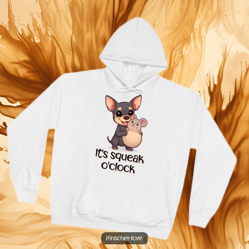 Funny Pinscher hoodie depicting a happy dog proudly holding an oversized squeaky mouse toy, perfect for cozy, humorous moments.