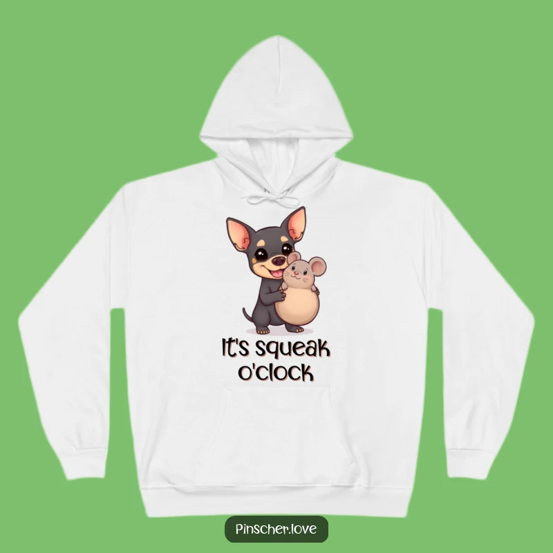 Funny Pinscher Hoodie - Cozy Pup with Giant Squeaky Mouse - Warm Humorous Gift