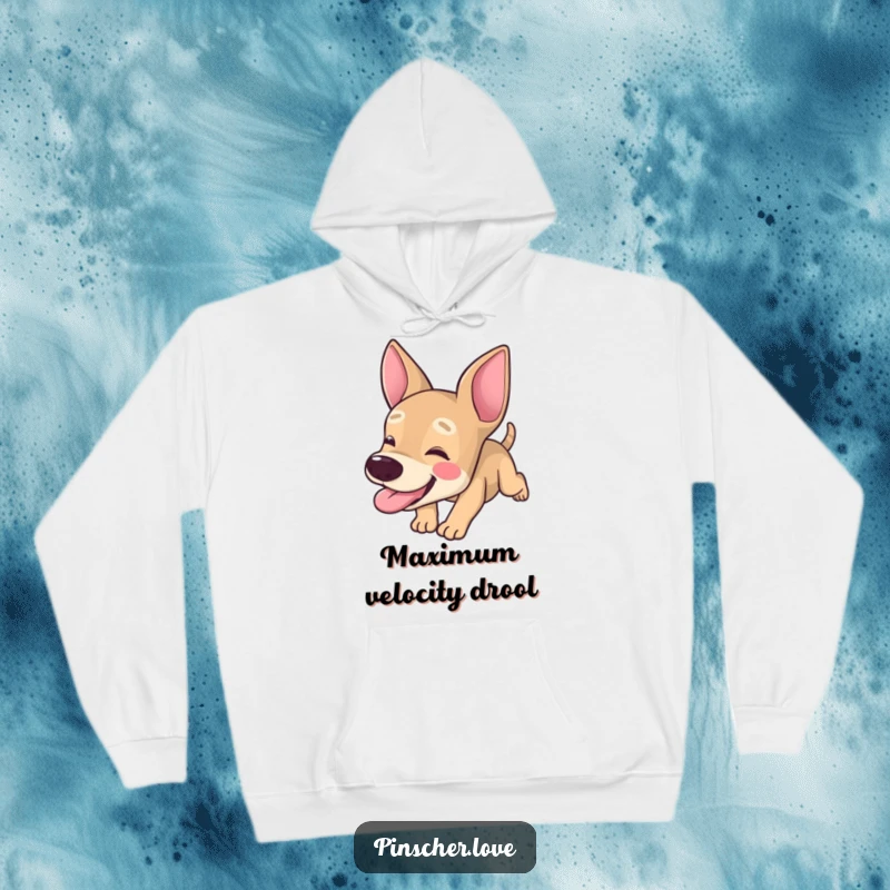 Funny Pinscher hoodie, warm fleece with dog character tumbling forward with its tongue hanging out, silly pet, gift.