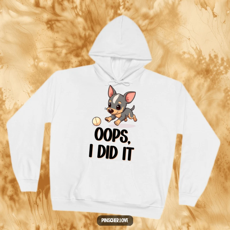 Funny Pinscher hoodie, warm fleece with dog character playfully tripping while chasing a tiny ball, humorous pet, gift.