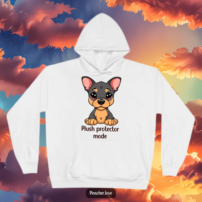 Funny Pinscher Hoodie: An alert Pinscher guarding a plush toy, offering warmth and humorous protection for wearers.