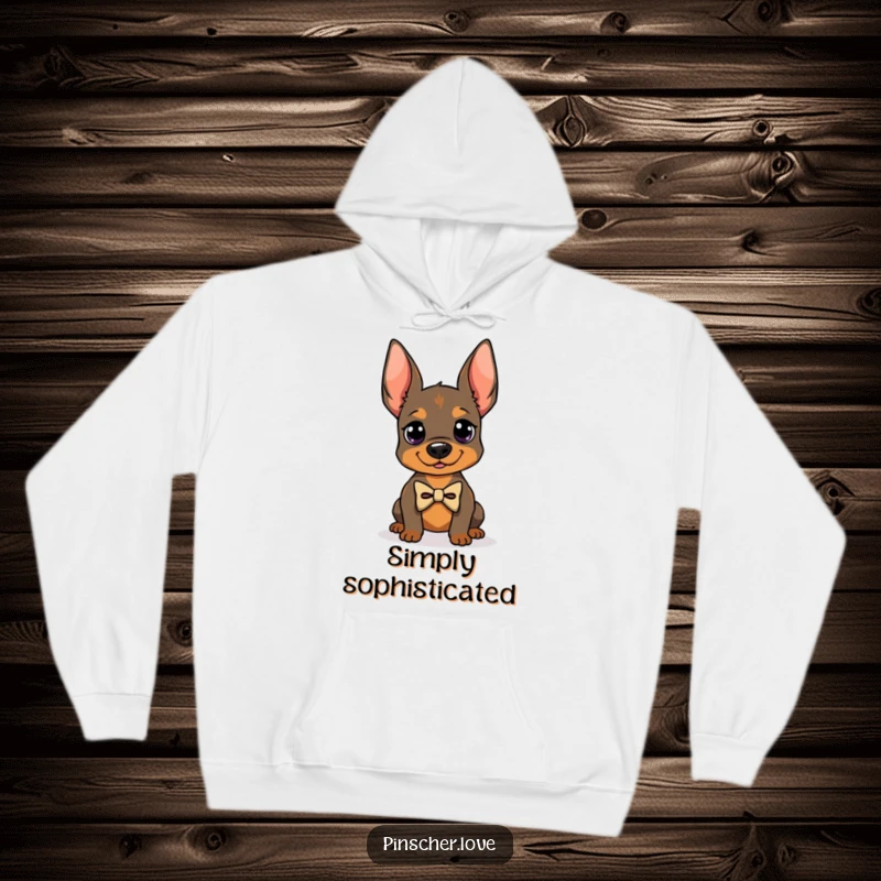 Funny hoodie featuring a Pinscher dog wearing a tiny bowtie, striking a proud pose, soft and warm, ideal funny gift for dapper pets.