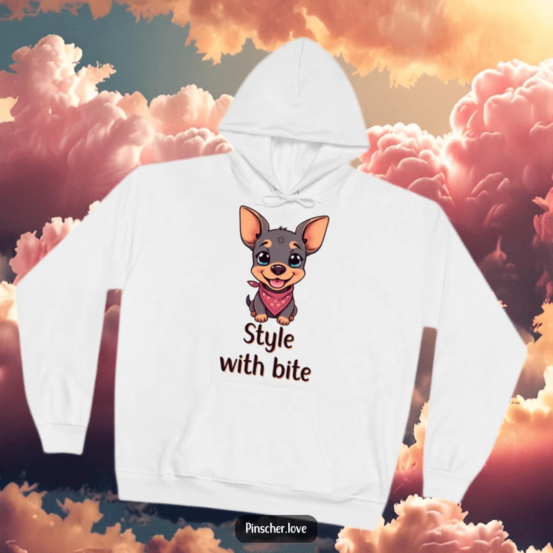 Funny hoodie depicting a pinscher with a sly grin and a small bandana, exuding confidence and playful charm.