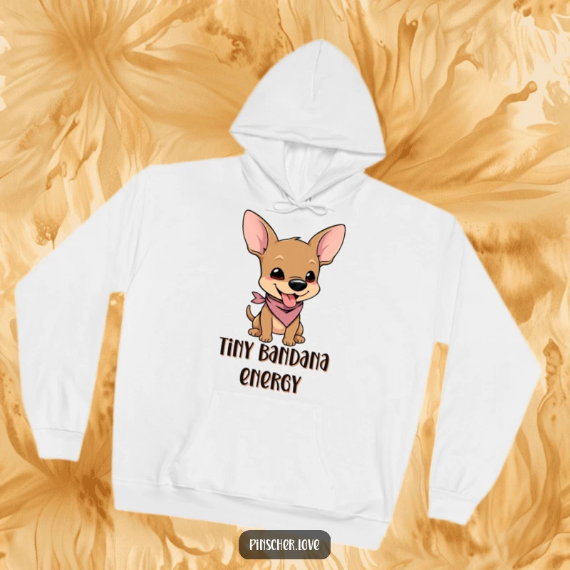 Funny hoodie featuring a pinscher character in a tiny bandana, wiggling with pure joy and adorable enthusiasm.