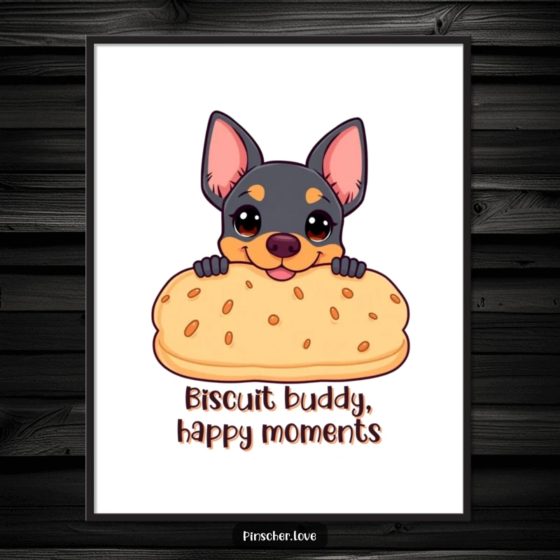Funny free printable wall art: Pinscher peeking coyly from behind a giant, smiling biscuit, showcasing cuteness.