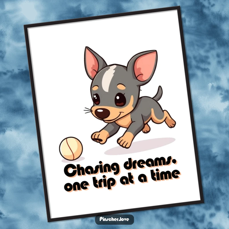 Funny Free Printable Wall Art capturing a pinscher character in mid-trip while playfully chasing a tiny ball.