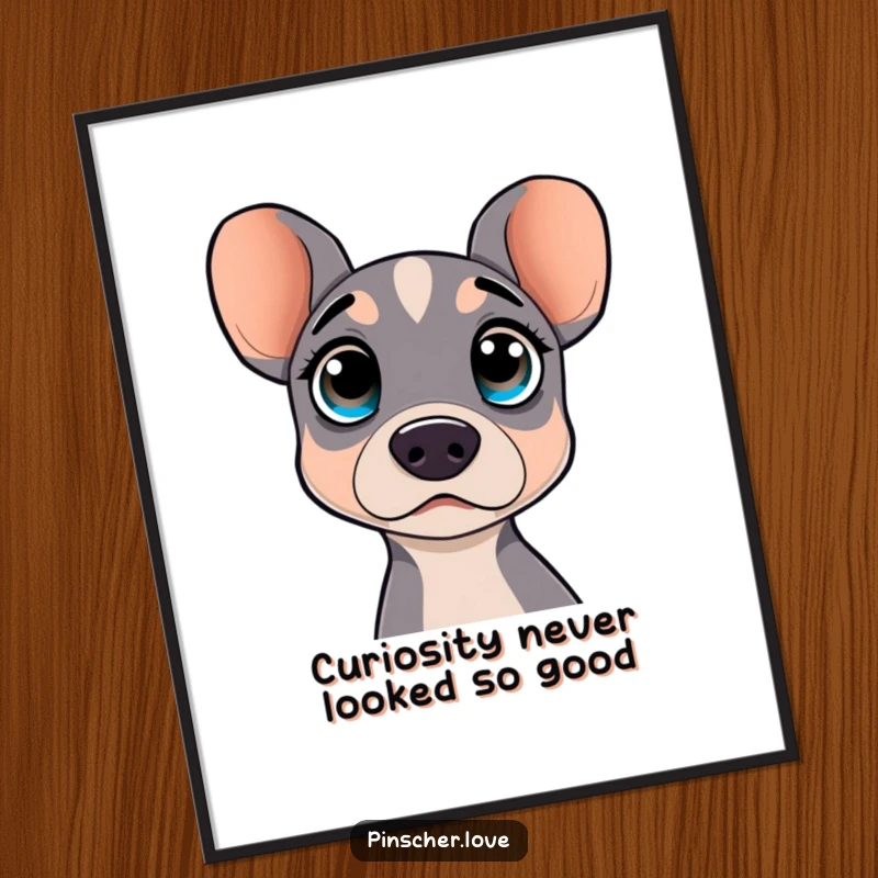 Funny Free Printable Wall Art: A pinscher character with strikingly wide, curious eyes looks utterly surprised and intrigued.